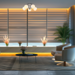 Lampa sufitowa Oslo 5xE27 w kolorze chromu i białym. Posiada pięć okrągłych kloszy na chromowanej podstawie, zawieszona w nowoczesnym wnętrzu z roślinami i minimalistycznymi meblami. Ujęcie z dołu, ukazuje ją w kontekście aranżacji.