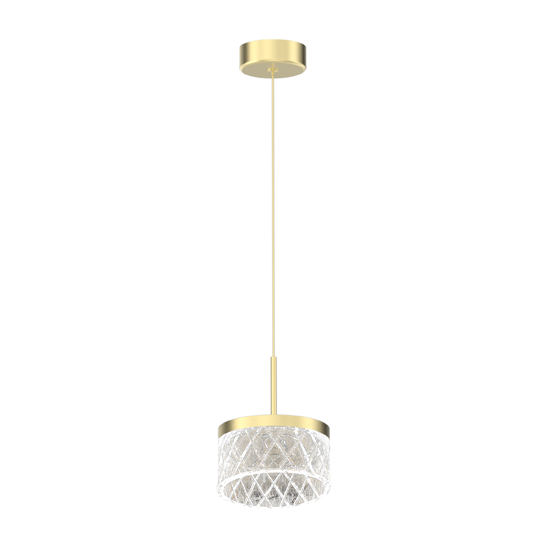 Lampa wisząca Elegance z pojedynczym źródłem LED 9W, w kolorze złotym. Posiada szklany klosz z diamentowym wzorem, zawieszona na cienkim przewodzie. Prosta, nowoczesna forma, idealna do eleganckich wnętrz.