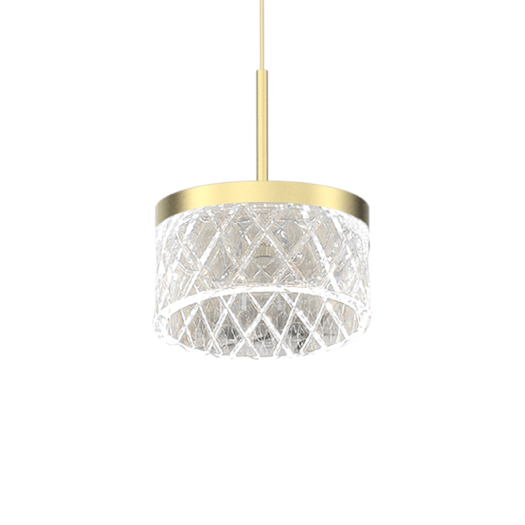 Lampa wisząca Elegance 1xLED/9W w kolorze złotym, z przezroczystym kloszem o geometrycznym wzorze. Zawieszona na cienkim kablu, ma okrągłą, metalową podstawę i efektowne, szklane wykończenie. Idealna do nowoczesnych wnętrz.