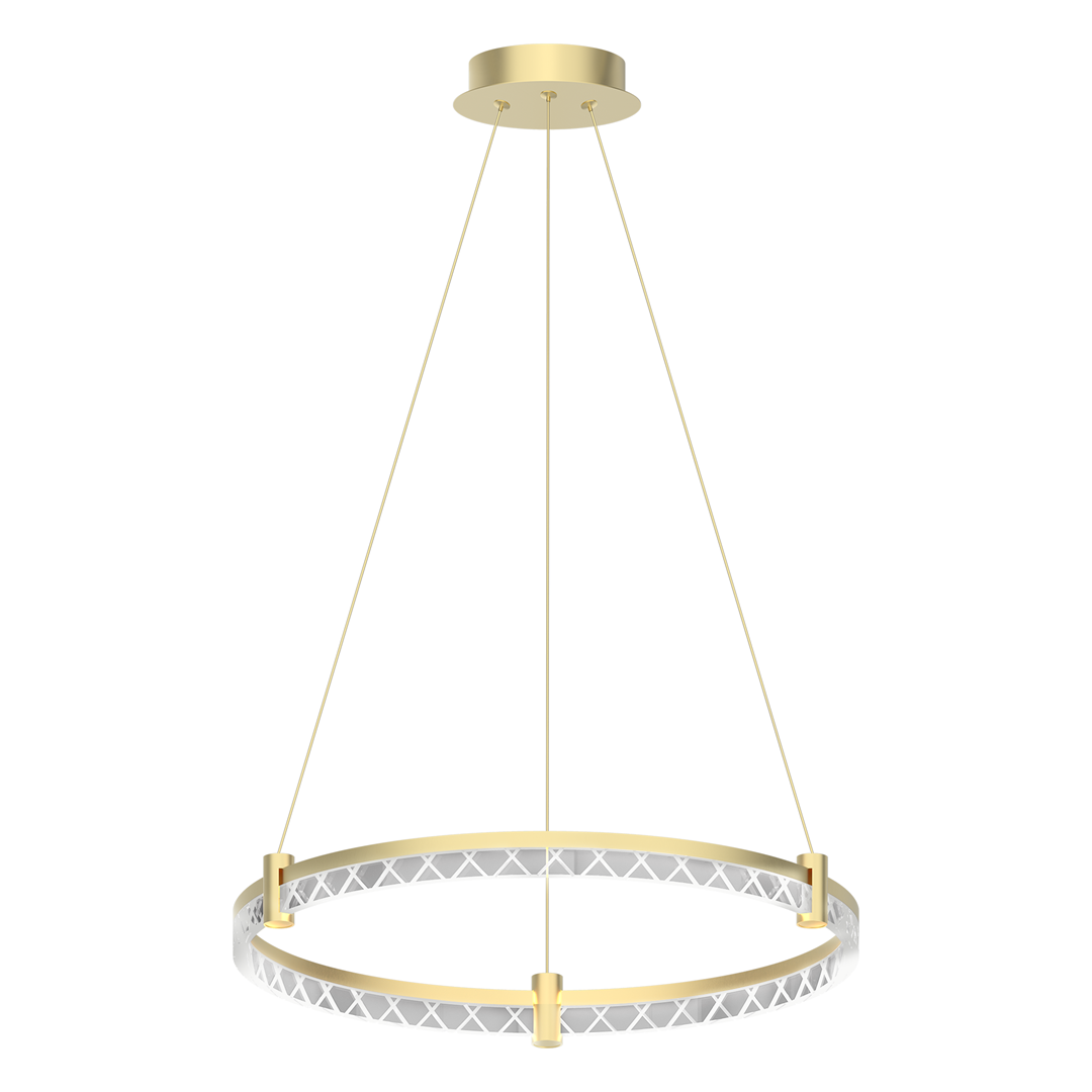 Lampa wisząca Elegance D60 w kolorze złotym, z metalowym okrągłym stelażem i akrylowym kloszem. Zawieszona na cienkich linkach, z jednym źródłem LED o mocy 36W. Widok z przodu, na białym tle.