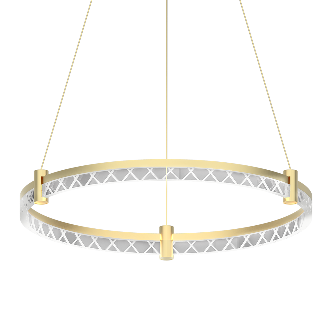 Lampa wisząca Elegance D60 w kolorze złotym, z okrągłym, ażurowym wzorem i transparentnym elementem. Posiada jedno źródło światła LED o mocy 36W. Zawieszona na cienkich linkach, widoczna z boku. Idealna do nowoczesnych wnętrz.
