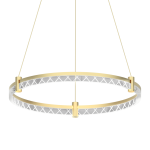 Lampa wisząca Elegance D60 w kolorze złotym, z okrągłym, ażurowym wzorem i transparentnym elementem. Posiada jedno źródło światła LED o mocy 36W. Zawieszona na cienkich linkach, widoczna z boku. Idealna do nowoczesnych wnętrz.