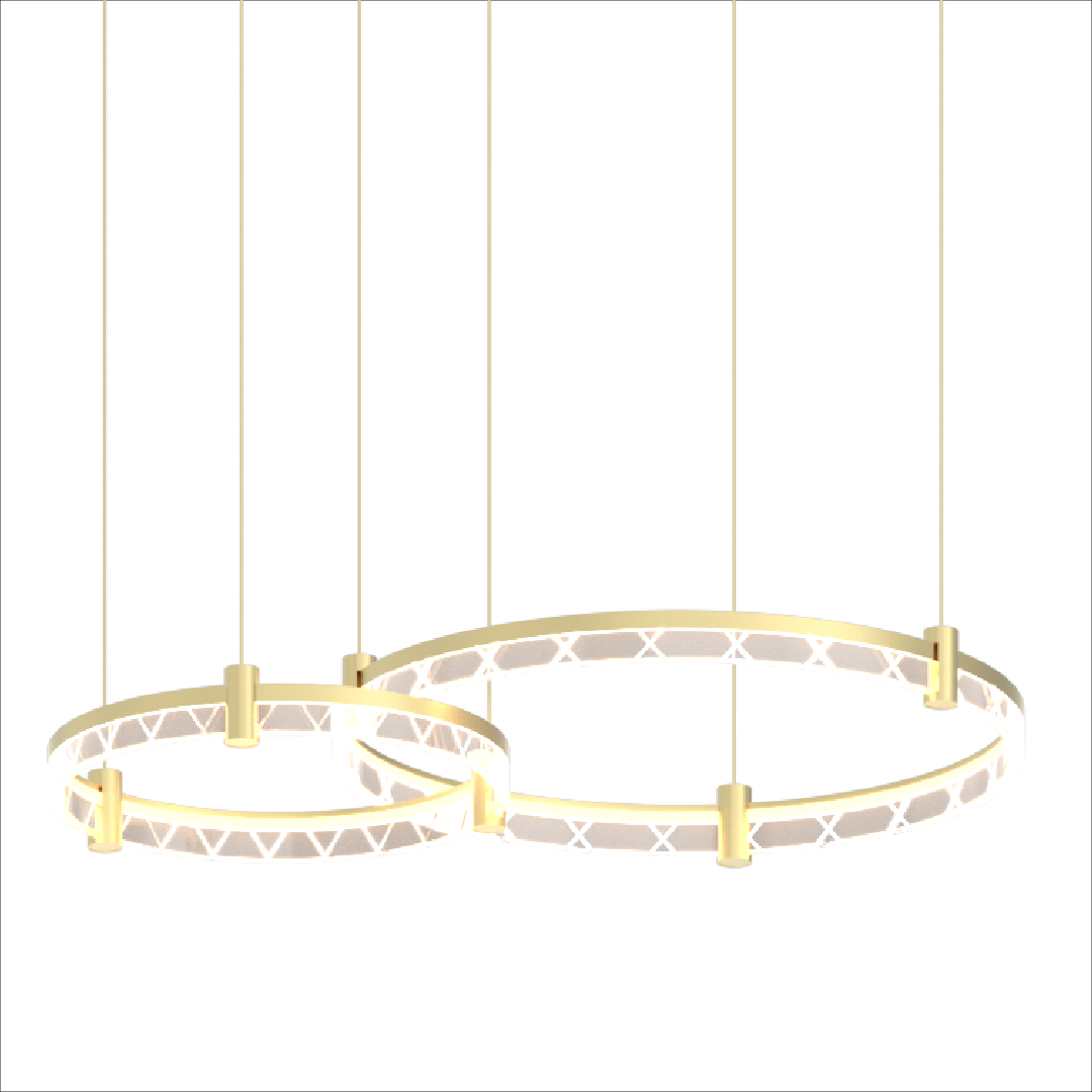 Lampa wisząca Elegance 2xLED/72W w złotym kolorze, składająca się z dwóch okrągłych, zawieszonych elementów. Każdy pierścień ma gładką, złotą ramę z białym, podświetlającym wnętrzem. Zawieszona na cienkich linkach, idealna do nowoczesnych wnętrz.