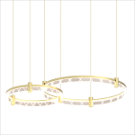 Lampa wisząca Elegance 2xLED/72W w złotym kolorze, składająca się z dwóch okrągłych, zawieszonych elementów. Każdy pierścień ma gładką, złotą ramę z białym, podświetlającym wnętrzem. Zawieszona na cienkich linkach, idealna do nowoczesnych wnętrz.