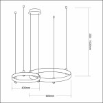 Lampa wisząca Elegance z dwoma okrągłymi kloszami, złota, wykonana z metalu. Wymiary: większy klosz o średnicy 600 mm, mniejszy 400 mm. Wysokość regulowana w zakresie 200-1000 mm, zawieszona na cienkich linkach.