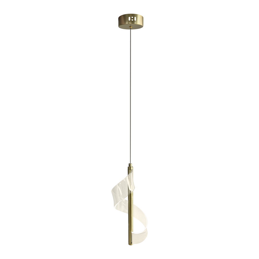 Lampa wisząca Largo w kolorze złotym, z jednym źródłem LED 10W. Ma minimalistyczny design z metalowym uchwytem i zwisającą, szklaną wstęgą, w pozycji wiszącej, na białym tle.
