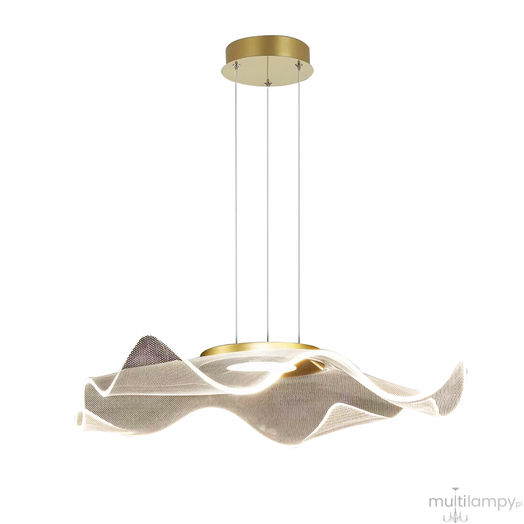 Largo lampa wisząca 1xLED/16W w kolorze złotym, z falującym abażurem z siatki metalowej. Zawieszona na cienkich linkach, z okrągłym, złotym mocowaniem. Elegancki design, idealna do nowoczesnych wnętrz.