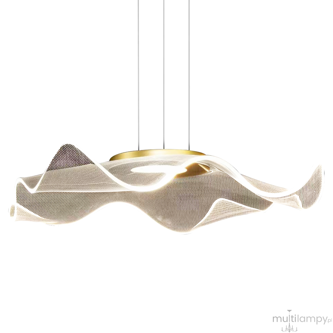 Lampa wisząca Largo w kolorze złotym z jedną diodą LED 16W. Ma falisty kształt z siateczkowego materiału, zawieszona na trzech cienkich linkach. Górna część z metalowym kloszem, emitująca ciepłe światło. Idealna do nowoczesnych wnętrz.