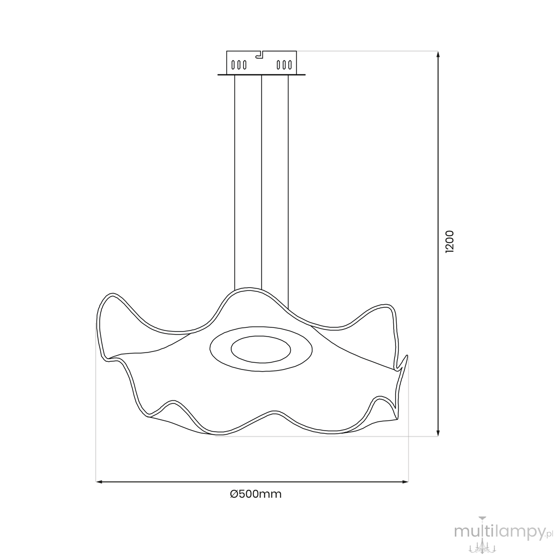 Lampa wisząca Largo w kolorze złotym, o średnicy 500 mm i wysokości 1200 mm. Posiada falisty kształt z centralnym okrągłym otworem, przeznaczona do jednego źródła światła LED o mocy 16W.