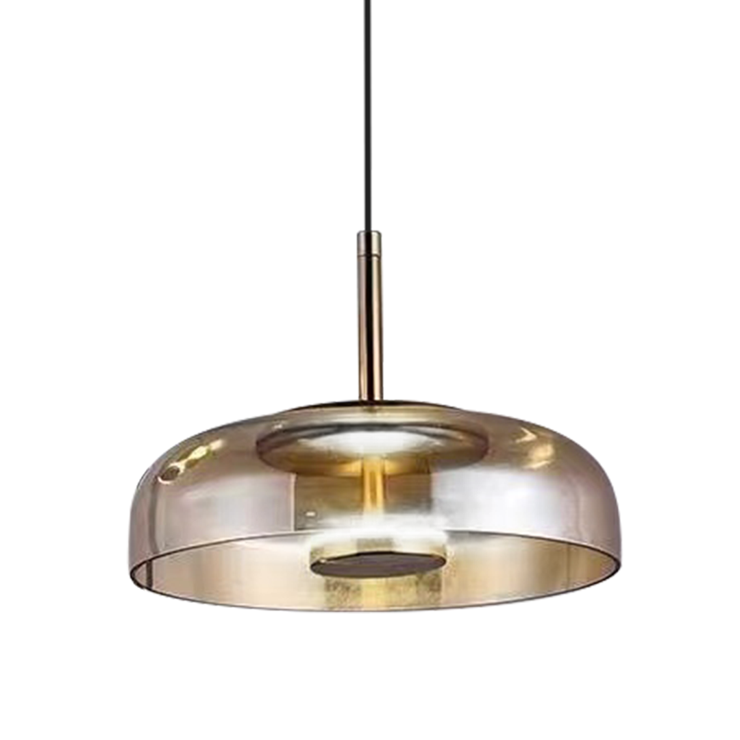 Lampa wisząca Vetro z jedną żarówką LED 6W w kolorze czarnym i bursztynowym. Posiada okrągły klosz z przezroczystego szkła, zawieszona na cienkim kabelku. Klosz ma lekko wypukły kształt, a wewnątrz znajduje się źródło światła.