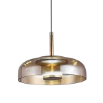 Lampa wisząca Vetro z jedną żarówką LED 6W w kolorze czarnym i bursztynowym. Posiada okrągły klosz z przezroczystego szkła, zawieszona na cienkim kabelku. Klosz ma lekko wypukły kształt, a wewnątrz znajduje się źródło światła.