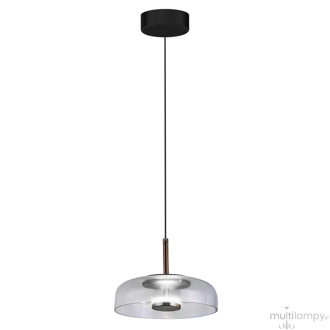 Lampa wisząca Vetro z jednym źródłem LED 6W, w kolorze czarnym z przezroczystym kloszem. Zawieszenie na cienkim przewodzie, z metalowym uchwytem. Klosz o okrągłym kształcie, lekko teksturowany, umieszczony pod prostokątnym, czarnym mocowaniem sufitowym.