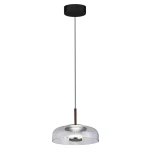 Lampa wisząca Vetro z jednym źródłem LED 6W, w kolorze czarnym z przezroczystym kloszem. Zawieszenie na cienkim przewodzie, z metalowym uchwytem. Klosz o okrągłym kształcie, lekko teksturowany, umieszczony pod prostokątnym, czarnym mocowaniem sufitowym.