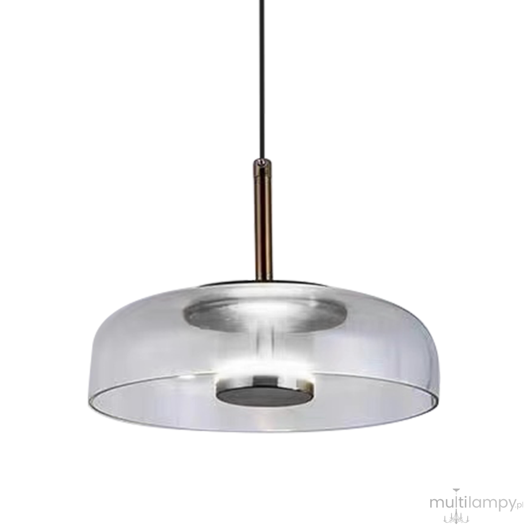 Lampa wisząca Vetro z przezroczystym kloszem i czarnym przewodem. Wyposażona w jedno źródło LED o mocy 6W. Klosz ma okrągły kształt, a metalowy element mocujący w kolorze brązowym. Idealna do nowoczesnych wnętrz.