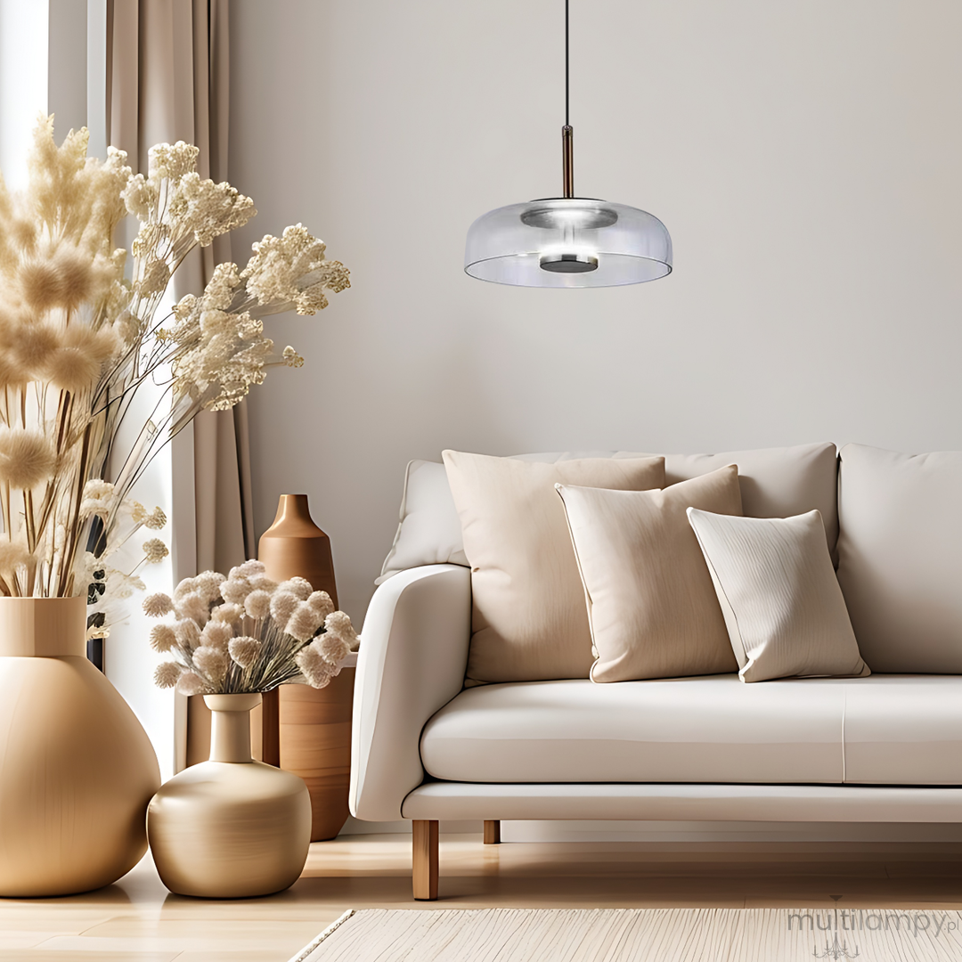 Czarna lampa wisząca Vetro z transparentnym kloszem, zawieszona na cienkim kablu, z jedną diodą LED 6W. Umieszczona nad jasną sofą w nowoczesnym wnętrzu, w otoczeniu dekoracyjnych roślin w donicach.