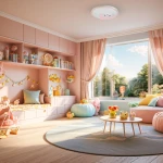 Plafon Mooncat 1xLED/34W w kolorze białym i różowym, okrągły, z motywem kota. Zawieszony na suficie w jasnym, pastelowym pokoju dziecięcym, otoczony kolorowymi meblami i dekoracjami, wypełnia przestrzeń miękkim światłem.