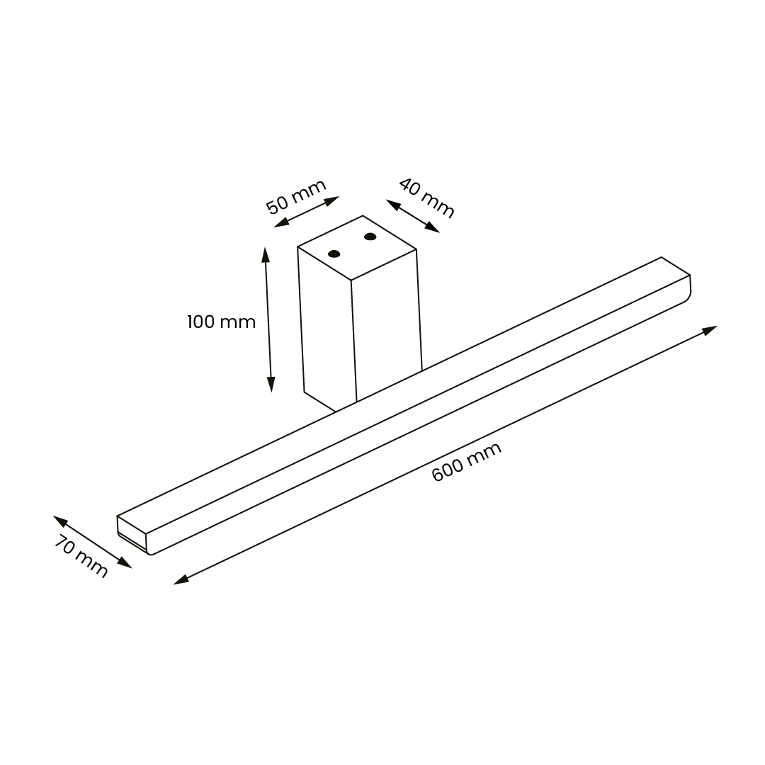 Kinkiet LED Artemis w kolorze białym, o długości 600 mm i wysokości 100 mm. Prostokątny korpus o wymiarach 50x40 mm, z dwoma otworami montażowymi. Oświetlenie o mocy 13,8W i temperaturze barwowej 4000K, dostępne w klasie ochrony IP44.