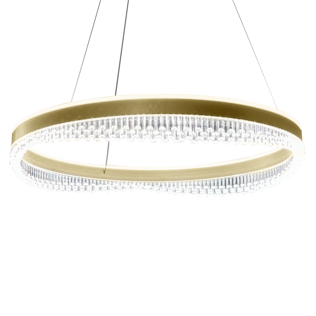 Złota lampa wisząca Preciosa z jednym źródłem LED o mocy 52W. Okrągły kształt z przezroczystymi detalami, zawieszona na cienkich linkach, z podświetleniem na obrzeżu. Minimalistyczny design, idealna do nowoczesnych wnętrz.