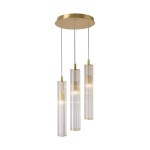 Lampa wisząca Aria z trzema źródłami światła E14. Mosiężny sufit z trzema cylindrycznymi kloszami ze szkła, z wyraźnym wzorem. Klosze zawieszone na cienkich linkach, stwarzające nowoczesny efekt świetlny.