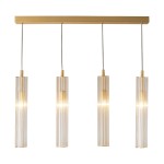 Lampa wisząca Aria z czterema kloszami, mosiężna konstrukcja, przezroczyste cylindryczne klosze o teksturowanej powierzchni. Produkt zawieszony na prostokątnej, mosiężnej podstawie. Idealna do nowoczesnych wnętrz.