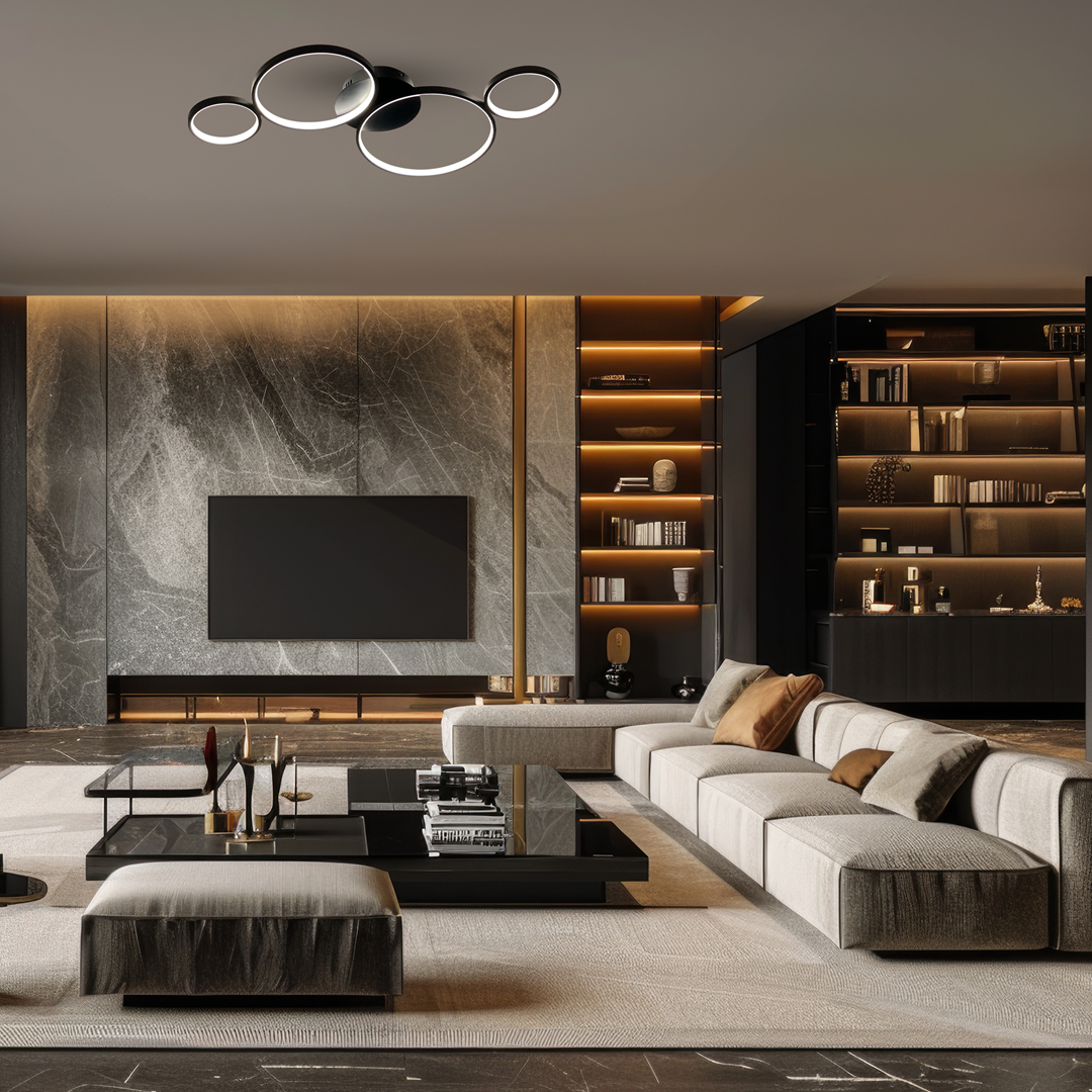 Lampa wisząca Universe czarna z 4 okrągłymi źródłami LED, zamontowana na suficie. Nowoczesny design z delikatnym podświetleniem. W tle widoczny elegancki salon z telewizorem i regałem.