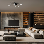 Lampa wisząca Universe czarna z 4 okrągłymi źródłami LED, zamontowana na suficie. Nowoczesny design z delikatnym podświetleniem. W tle widoczny elegancki salon z telewizorem i regałem.