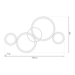 Lampa wisząca Universe w kolorze czarnym, o wymiarach 750 mm na 450 mm, składająca się z czterech okrągłych elementów LED o mocy 30W. Ułożona w dynamiczny wzór, idealna do nowoczesnych wnętrz.