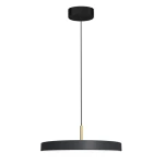 Lampa wisząca Disc z jedną żarówką LED 38W, w kolorze czarnym z złotym akcentem. Okrągły klosz zawieszony na cienkim przewodzie, minimalistyczny design. Ujęcie frontalne na tle białym.