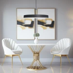 Lampa wisząca Disc 1xLED/38W w kolorze czarnym i złotym, zawieszona nad białym stołem w nowoczesnej jadalni. W tle widoczne abstrakcyjne obrazy w złotej tonacji, białe krzesła z metalowymi nogami.