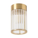 Lampa sufitowa Aria 1xG9 w kolorze mosiądzu, z przezroczystym kloszem w formie pionowych prętów. Zbliżenie na detal konstrukcji, ukazujące źródła światła wewnątrz. Produkt zamontowany, z okrągłą podstawą.
