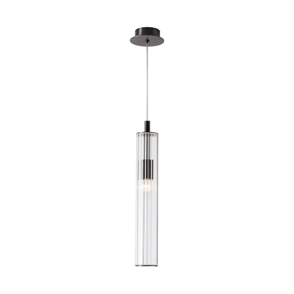 Lampa wisząca Aria z pojedynczym gniazdem E14, w kształcie cylindrycznym z przezroczystego szkła, z tytanowym wykończeniem. Zawieszona na cienkim przewodzie, w minimalistycznym stylu. Idealna do nowoczesnych wnętrz.