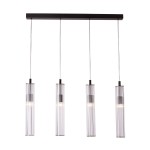Lampa wisząca Aria z czterema kloszami w kolorze przezroczystym, zawieszona na cienkich linkach. Metalowa podstawa w kolorze tytanowym. Klosze mają prostokątny kształt z pionowymi żłobieniami, co podkreśla nowoczesny design. Idealna do salonu lub jadalni.
