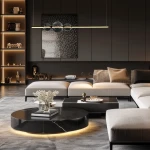 Lampa wisząca Kugel 1xLED/30W w kolorze czarnym, o minimalistycznym designie, zawieszona nad okrągłym stolikiem kawowym. W tle nowoczesne wnętrze z ciemnymi meblami i dekoracjami. Szklane elementy lampy w kształcie kul dodają elegancji.