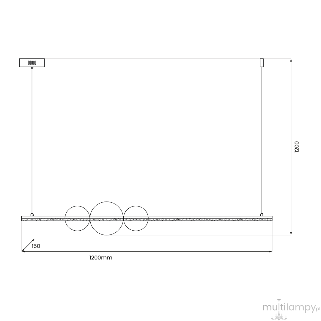 Czarna lampa wisząca Kugel z 1xLED o mocy 30W. Prosty, nowoczesny design z trzema okrągłymi elementami. Wymiary: długość 1200 mm, wysokość 1200 mm, szerokość 150 mm. Idealna do wnętrz w stylu minimalistycznym.
