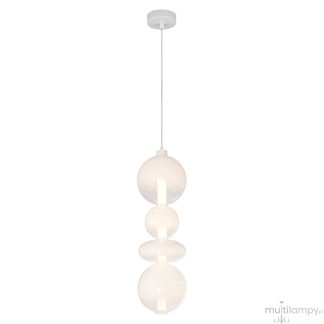 Lampa wisząca Daphne w kolorze białym z jednym źródłem światła LED o mocy 36W. Składa się z trzech szklanych kul o różnych rozmiarach, zawieszona na białym kablu, montowana na sufitowym stropie.
