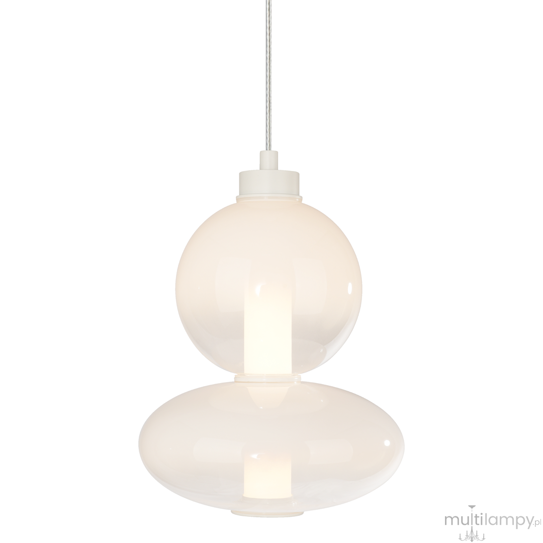 Lampa wisząca Daphne w kolorze białym, złożona z dwóch półprzezroczystych kul, z zamontowanym źródłem LED 12W. Produkt wiszący na cienkim przewodzie, o nowoczesnym, minimalistycznym designie, idealny do współczesnych wnętrz.