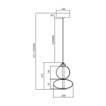 Lampa wisząca Daphne z pojedynczym źródłem LED 12W, w kolorze białym. Kształt owalny, z regulowaną długością zwisu (325-1520 mm). Widok z boku, z wymiarami: szerokość 200 mm, wysokość 275 mm, średnica klosza 95 mm.