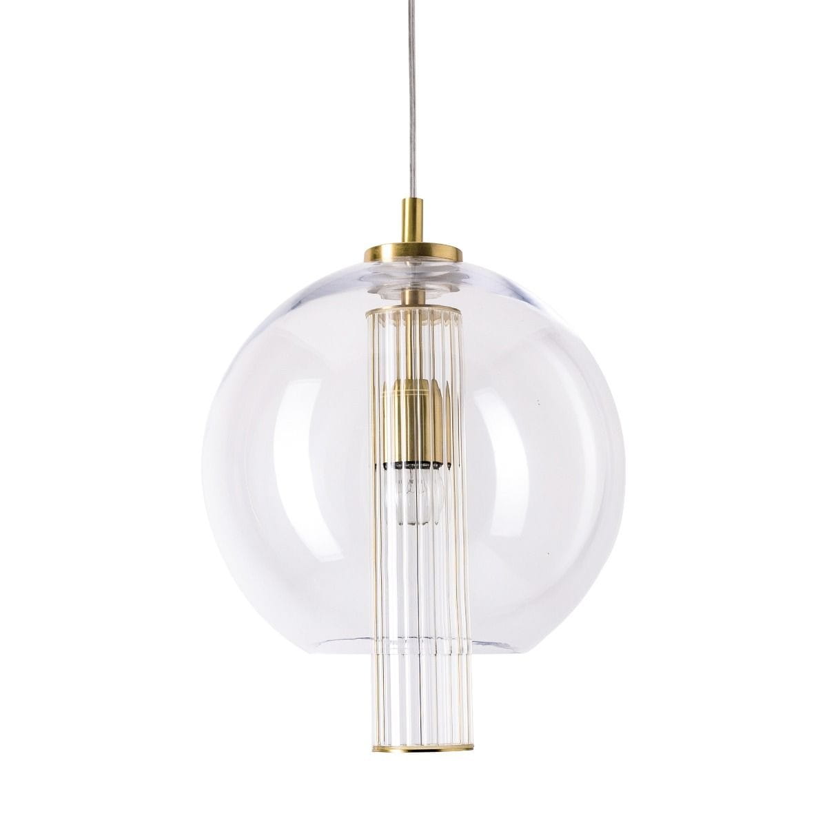 Lampa wisząca Bella z mosiężnymi elementami, kula szklana przezroczysta, z centralną żarówką w osłonie z przezroczystych prętów. Ujęcie frontalne, zawieszona na cienkim przewodzie, idealna do nowoczesnych wnętrz.