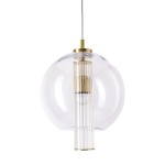 Lampa wisząca Bella z mosiężnymi elementami, kula szklana przezroczysta, z centralną żarówką w osłonie z przezroczystych prętów. Ujęcie frontalne, zawieszona na cienkim przewodzie, idealna do nowoczesnych wnętrz.