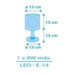 Lampka nocna Wyspa Piratów z okrągłym kloszem, średnica 15 cm, wysokość 15 cm, na podstawie o średnicy 13 cm. Zawiera gniazdo E14, maksymalna moc 8W. Wielokolorowy design, idealna do pokoju dziecięcego.