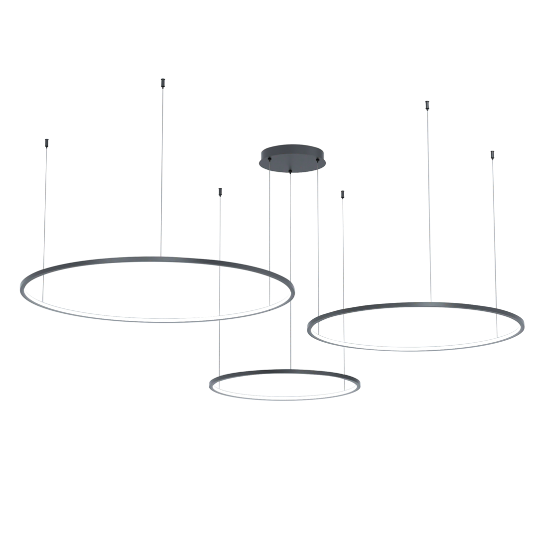 Lampa wisząca Saturno, czarna, z trzema okrągłymi kloszami LED. Klosze zawieszone na cienkich linkach, różnej wysokości. Prosty, nowoczesny design, idealny do wnętrz. Montaż sufitowy, średnica kloszy różna.