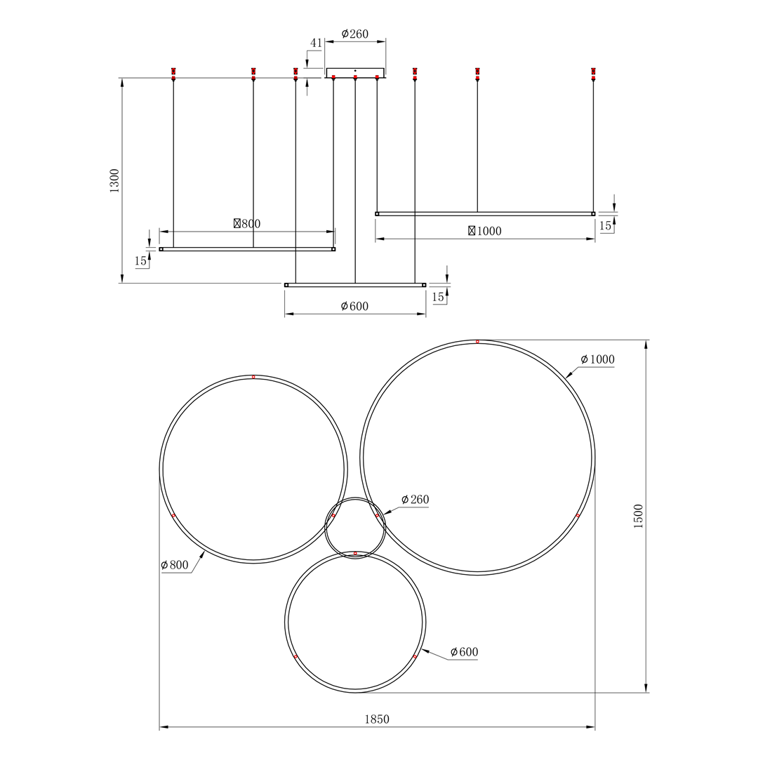 Lampa wisząca Saturno z trzema źródłami LED, czarna, o okrągłych kloszach w różnych średnicach: 600 mm, 800 mm i 1000 mm. Wysokość zawieszenia 1300 mm. Prosta, nowoczesna konstrukcja, idealna do aranżacji wnętrz.