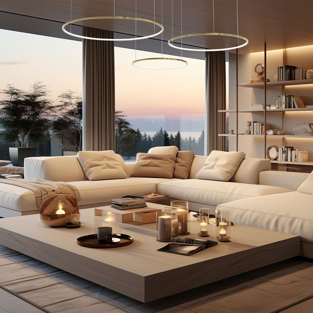 Lampa wisząca Saturno z trzema okrągłymi elementami LED w złotym kolorze, zawieszona nad minimalistycznym salonem. Widoczne są jasne zasłony, miękkie poduszki na kanapie oraz drewniany stół z dekoracjami i świecami.