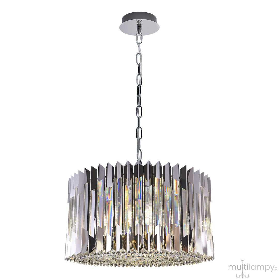 Lampa wisząca Ritz 12xE14 w kolorze chromu, z cylindrycznym kloszem w formie szeregów lustrzanych pasków. U dołu ozdobiona kryształkami, zawieszona na łańcuchu, z okrągłym sufitem montażowym. Efektowny element oświetlenia do nowoczesnych wnętrz.