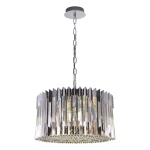 Lampa wisząca Ritz 12xE14 w kolorze chromu, z cylindrycznym kloszem w formie szeregów lustrzanych pasków. U dołu ozdobiona kryształkami, zawieszona na łańcuchu, z okrągłym sufitem montażowym. Efektowny element oświetlenia do nowoczesnych wnętrz.