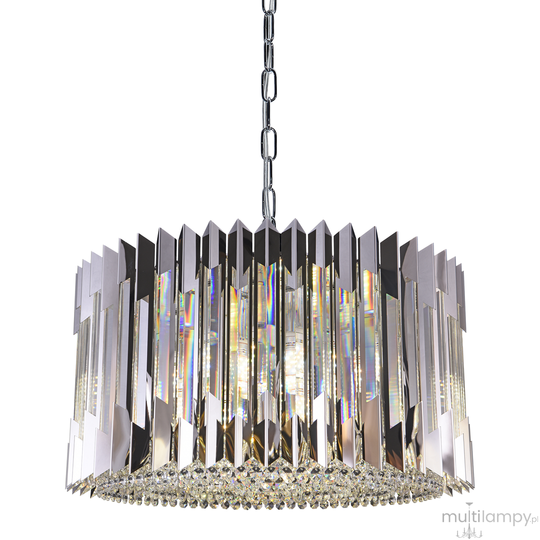 Lampa wisząca Ritz 12xE14 w chromowanej obudowie z kryształowymi dekoracjami. Stworzona z prostokątnych, lustrzanych elementów, zawieszona na metalowym łańcuchu. Idealna do nowoczesnych wnętrz, zapewniająca eleganckie oświetlenie.