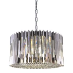 Lampa wisząca Ritz 12xE14 w chromowanej obudowie z kryształowymi dekoracjami. Stworzona z prostokątnych, lustrzanych elementów, zawieszona na metalowym łańcuchu. Idealna do nowoczesnych wnętrz, zapewniająca eleganckie oświetlenie.