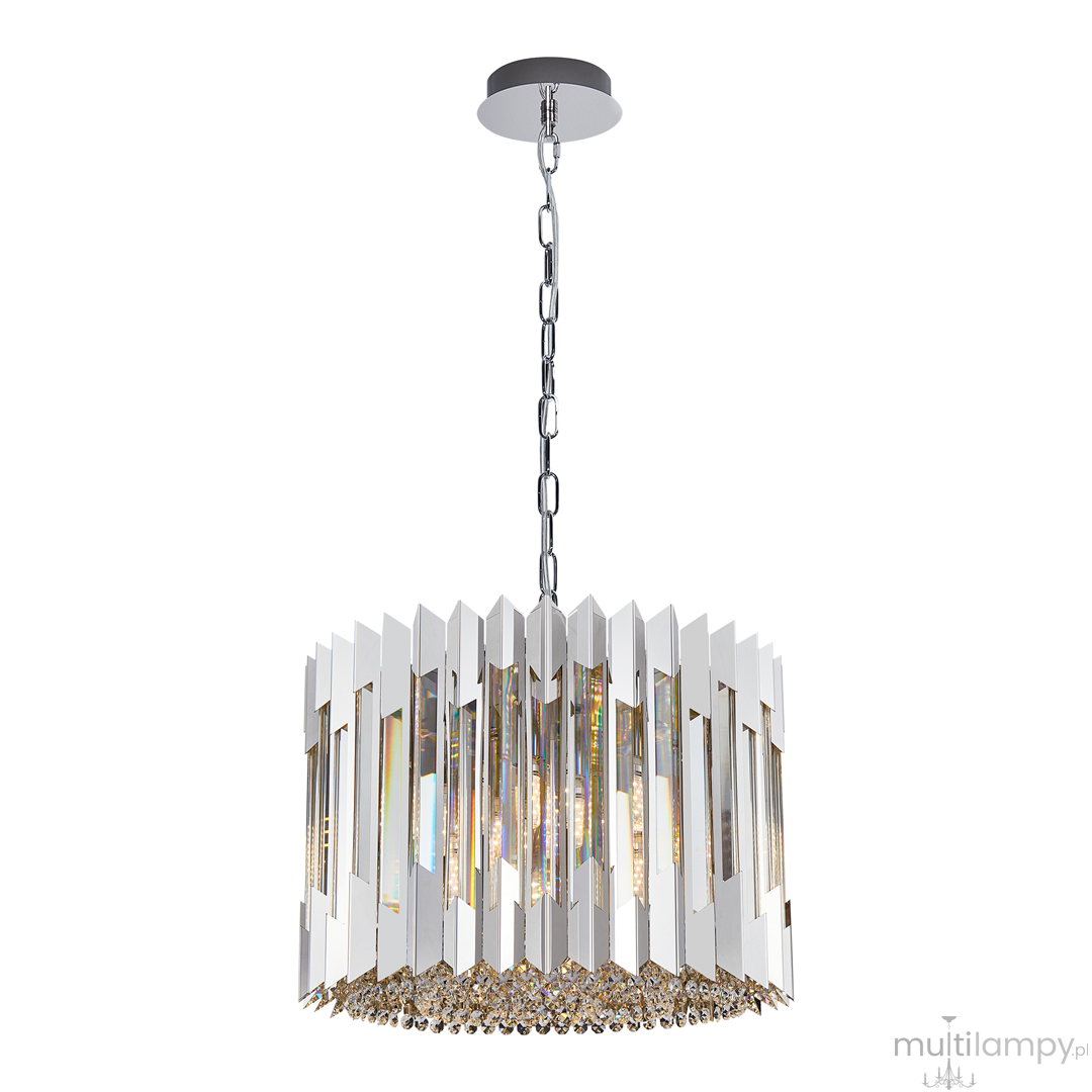 Lampa wisząca Ritz 7xE14 w chromowanym wykończeniu. Okrągły klosz z prostokątnymi, lustrzanymi panelami i kryształowymi detalami na dole. Ujęcie frontalne, produkt zawieszony na łańcuchu, z gładkim sufitem w tle. Idealna do nowoczesnych wnętrz.