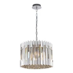 Lampa wisząca Ritz 7xE14 w chromowanym wykończeniu. Okrągły klosz z prostokątnymi, lustrzanymi panelami i kryształowymi detalami na dole. Ujęcie frontalne, produkt zawieszony na łańcuchu, z gładkim sufitem w tle. Idealna do nowoczesnych wnętrz.
