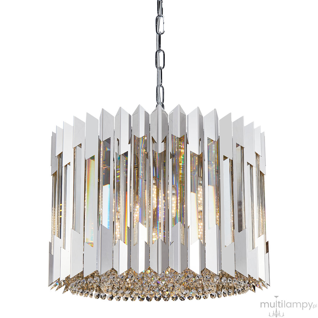 Lampa wisząca Ritz 7xE14 w chromie, o cylindrycznym kształcie, z lustrzanymi, prostokątnymi elementami oraz kryształowym wykończeniem u dołu. Zawieszona na łańcuchu, prezentuje elegancki i nowoczesny styl.